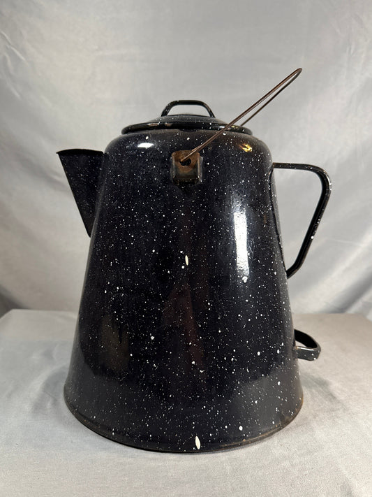 Vintage Black Speckled Enamelware Coffee Pot Graniteware Camp Kettle w/ Lid