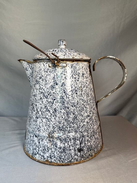 Antique Black & White Graniteware Coffee Pot with Lid