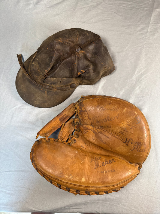 Vintage Denkert M230 Hinge Pad Catcher's Mitt & Antique Leather Baseball Cap