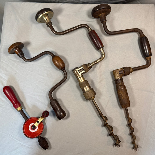 Vintage Hand Brace & Hand Drill Lot of 4 Woodworking Carpentry Tools