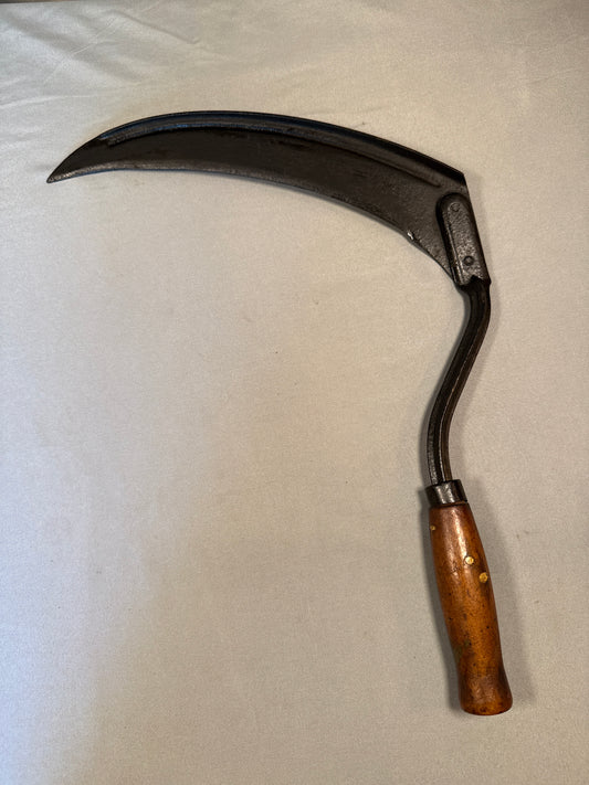 Antique Hand Forged Iron Sickle with Wooden Handle Primitive Farm Tool