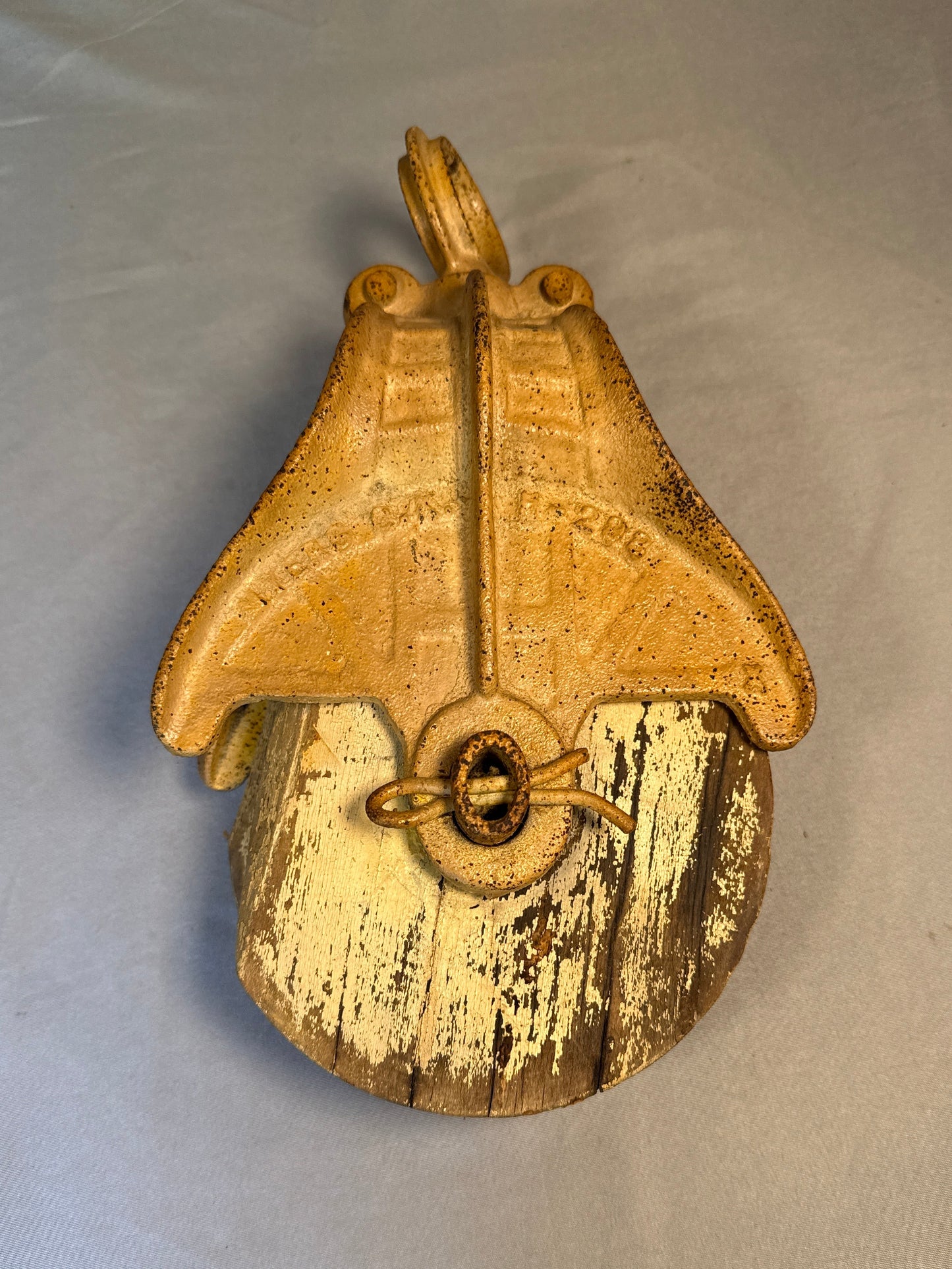 Antique Myers O.K. H-268 Cast Iron Barn Pulley Wood Wheel Farm Hay Tool