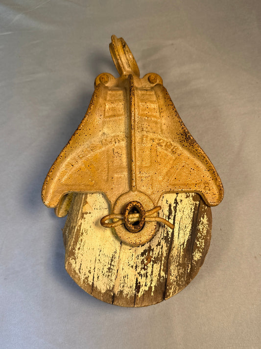 Antique Myers O.K. H-268 Cast Iron Barn Pulley Wood Wheel Farm Hay Tool