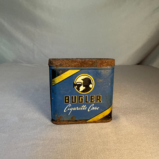 Vintage Bugler Cigarette Case Tin Blue Tobacco Advertising Flip Top Pocket Case