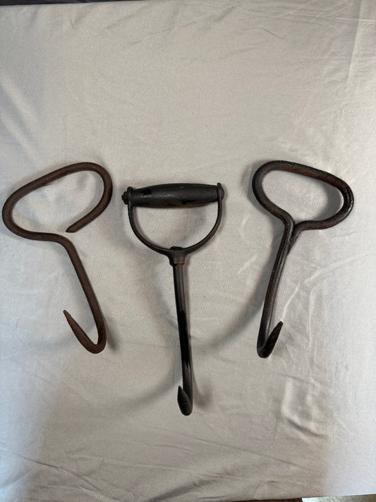 Vintage Primitive Hay Bale Hooks Lot of 3 Farm Barn Ice Meat Utility Hooks Rustic