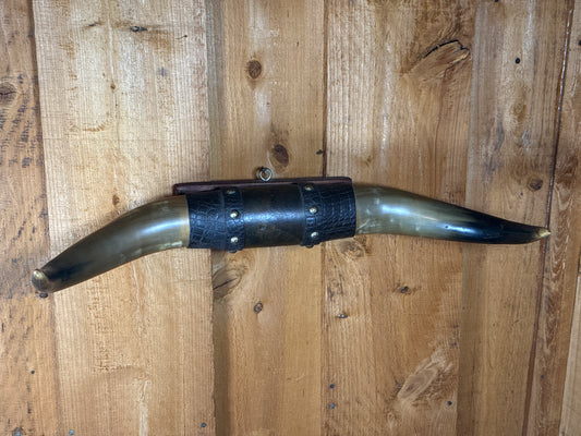 Antique Steer Horn Wall Mount with Tooled Leather and Brass Trim