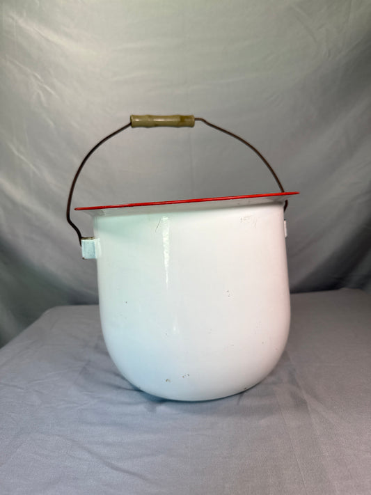 Vintage White Enamel Pail Red Rim Wire Bail Handle Bucket