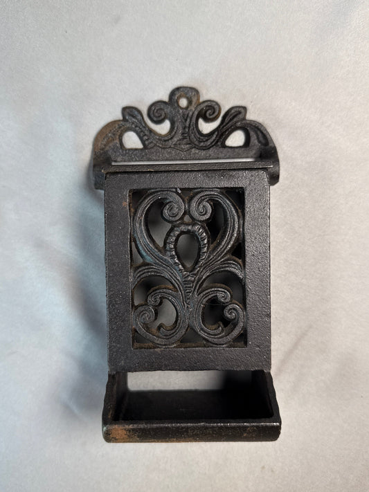 Antique Cast Iron Wall Mount Match Safe with Ornate Scrollwork
