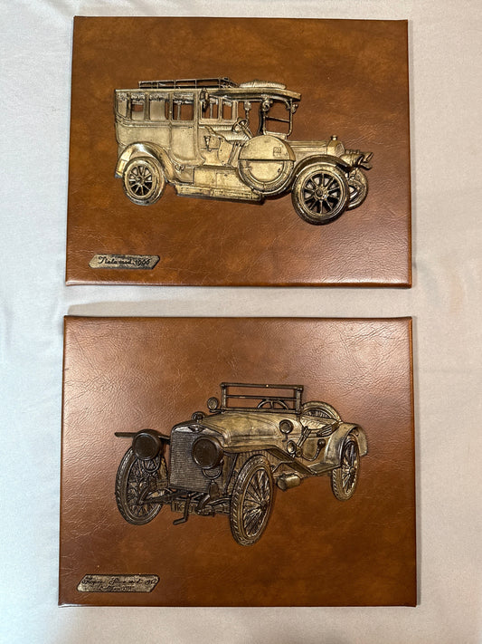 Vintage Embossed Brass Automobile Wall Plaques on Faux Leather Panels (made in Spain)