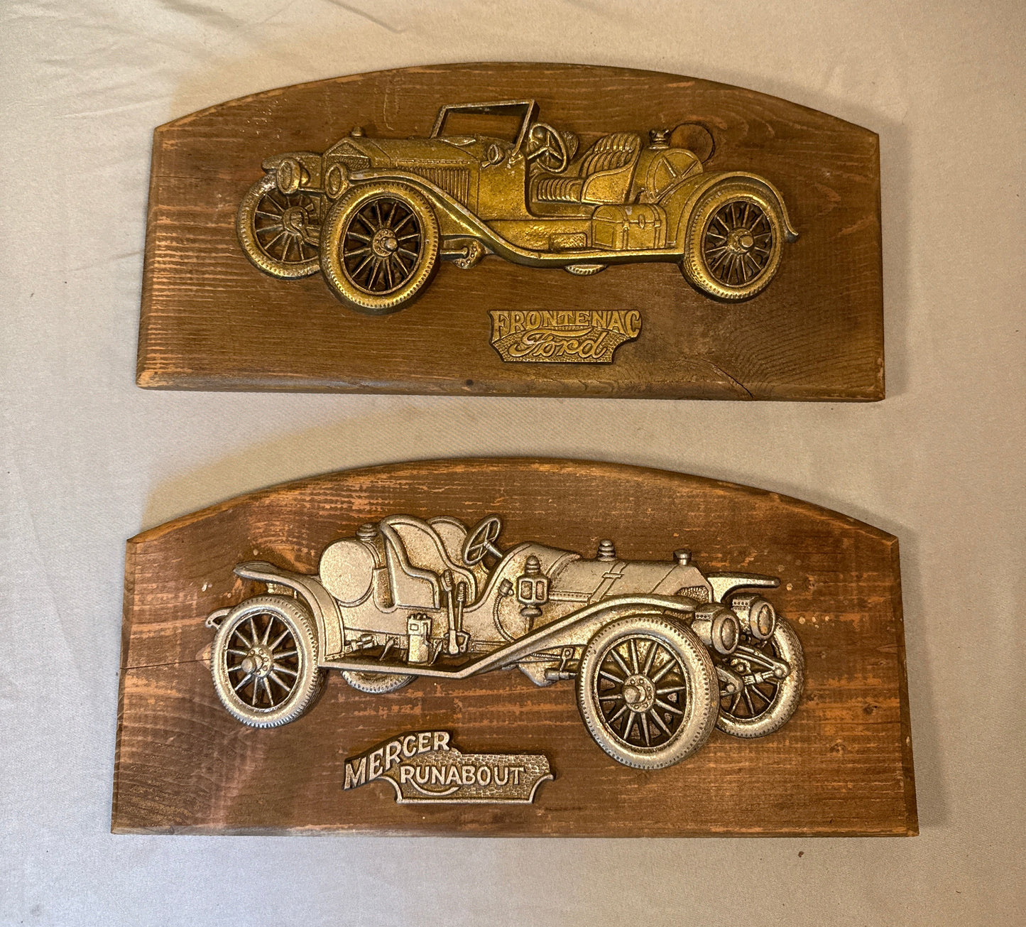 Vintage Frontenac Ford & Mercer Runabout Wood Wall Plaques Pair Automobilia