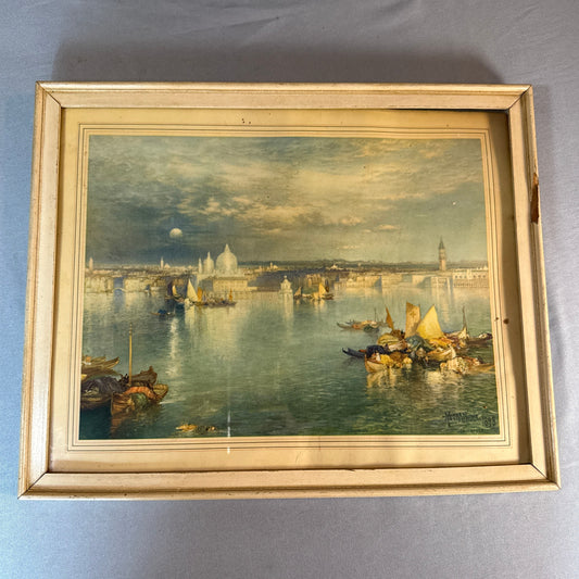 Vintage Moran 1898 Venice Harbor Lithograph Print Framed Wall Art Coastal Landscape