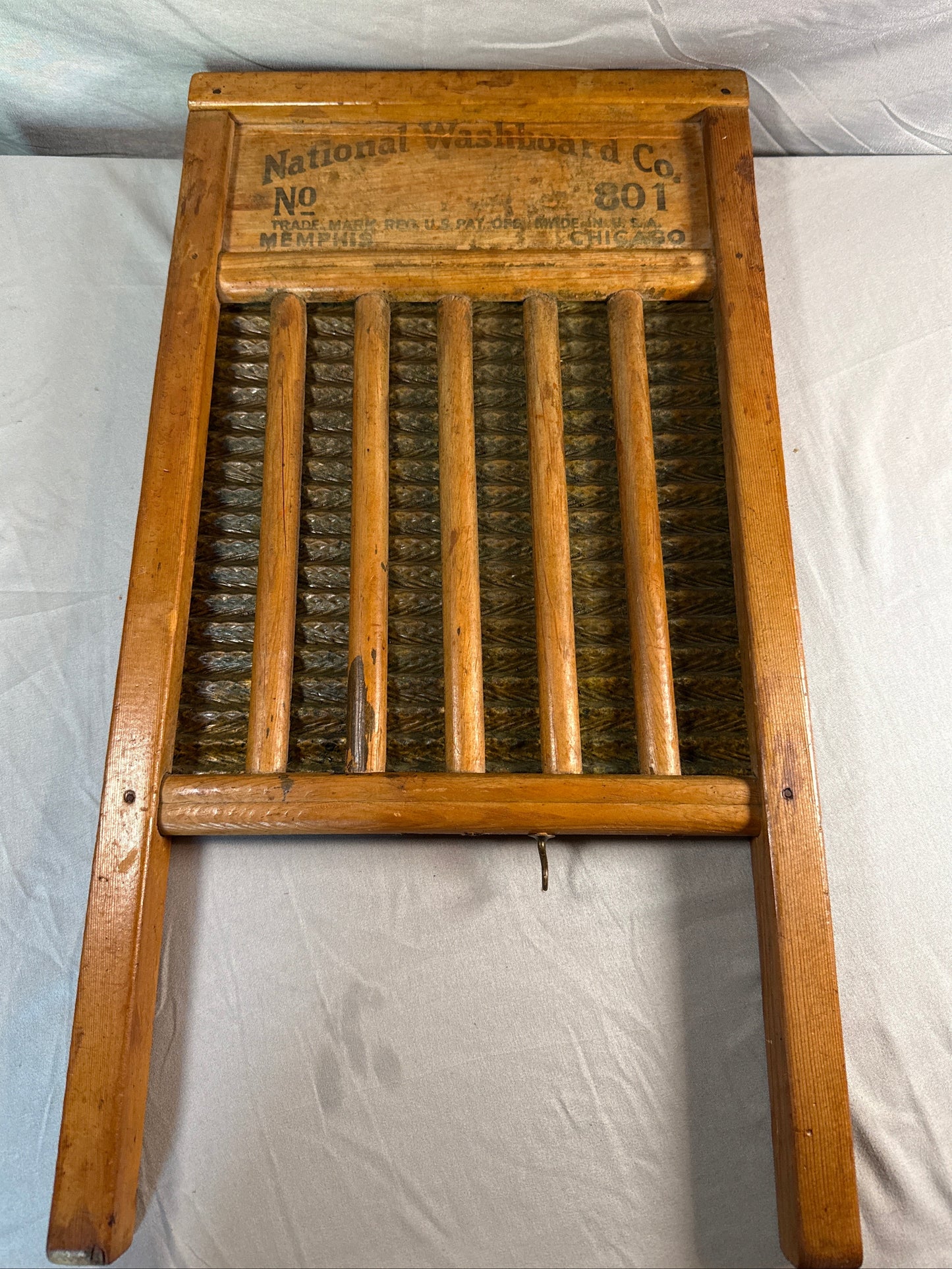 Antique National Washboard Co No. 801 Glass and Wood Washboard Primitive Laundry Tool