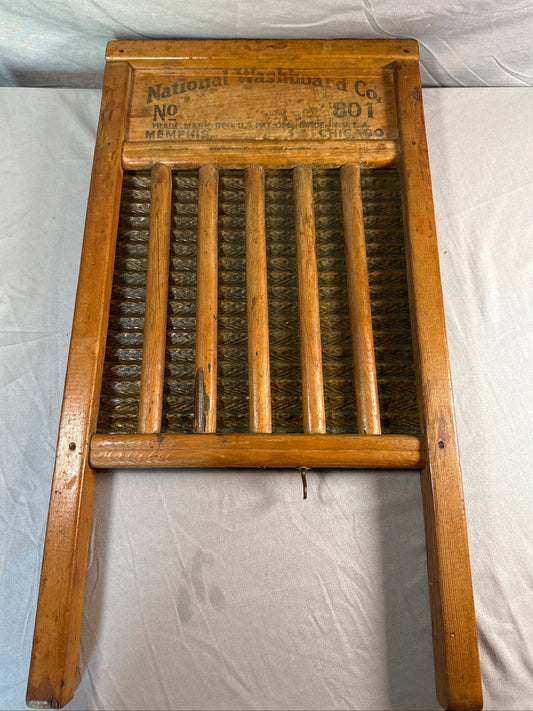 Antique National Washboard Co No. 801 Glass and Wood Washboard Primitive Laundry Tool