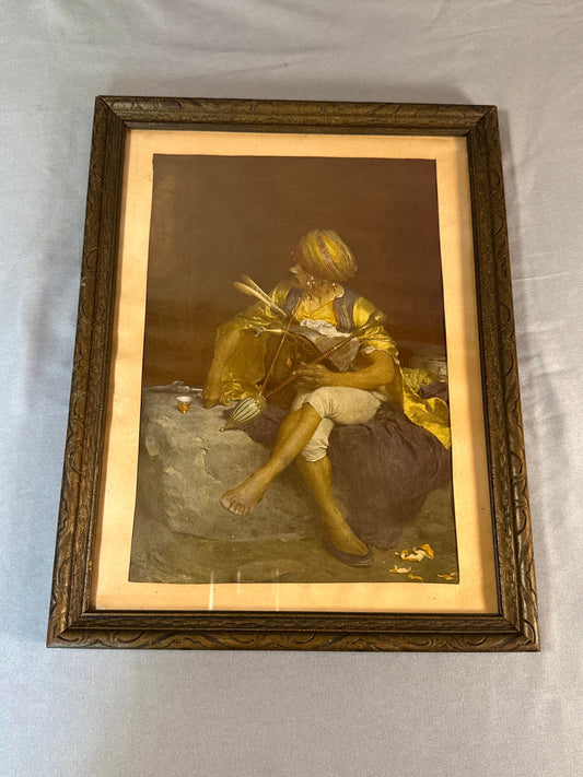 Vintage Orientalist Art Print Framed - Man in Turban with Pipe Chibouque Middle Eastern Ottoman Scene