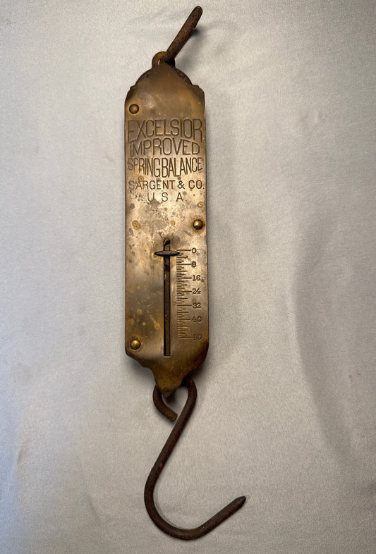 Antique Excelsior Improved 50lb Spring Balance Scale Sargent & Co Hanging Farm Scale USA