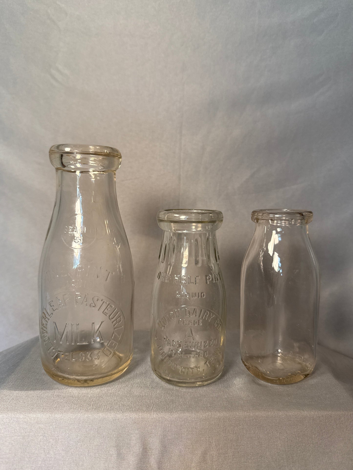 3 Vintage Embossed Dairy Milk Bottles Cloverleaf Union Dairy Union City TN