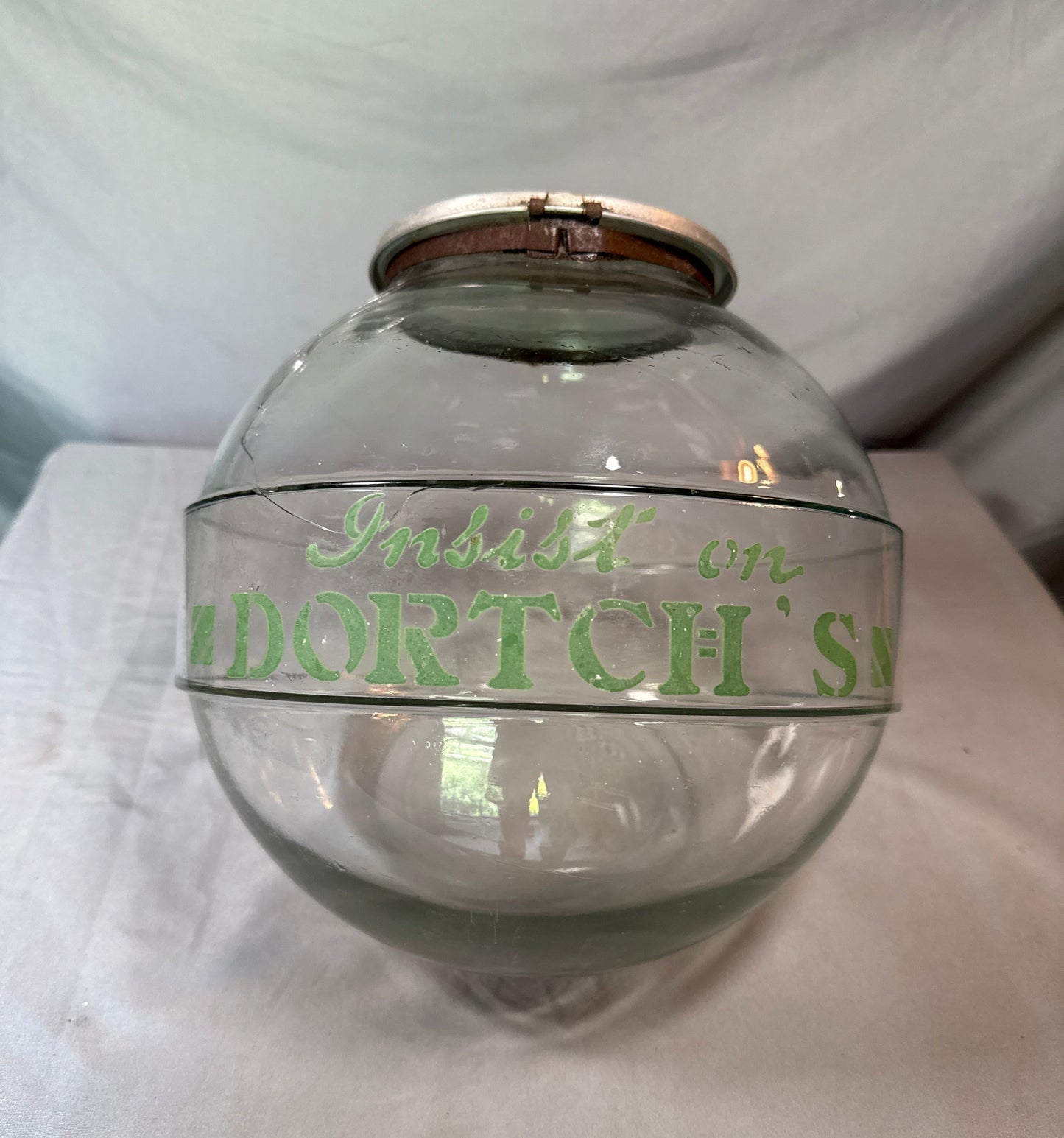 Vintage Dortch's Bakery Country Store Display Jar Hinged Lid Cracked Glass
