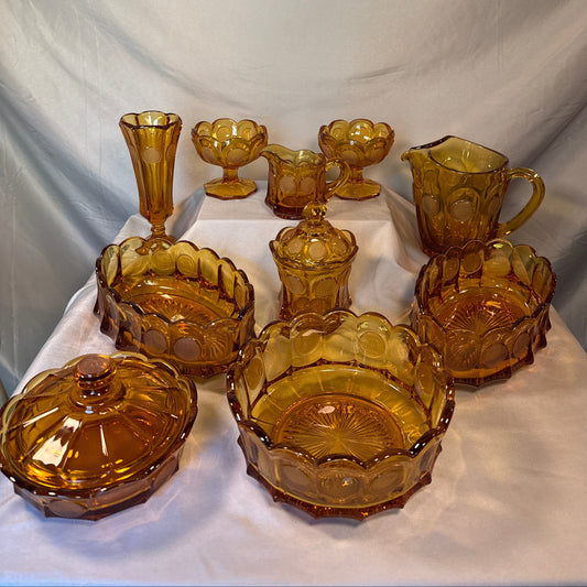 Vintage Fostoria Amber Coin Glass 10-Piece Estate Lot - Pitcher, Bowls, Vases, Lidded Dishes