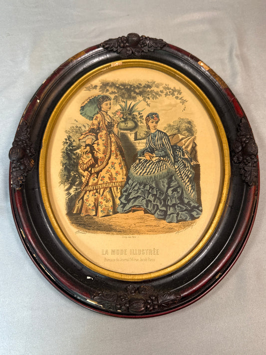 Antique Victorian La Mode Illustrée Paris Fashion Print Ornate Oval Gesso Frame
