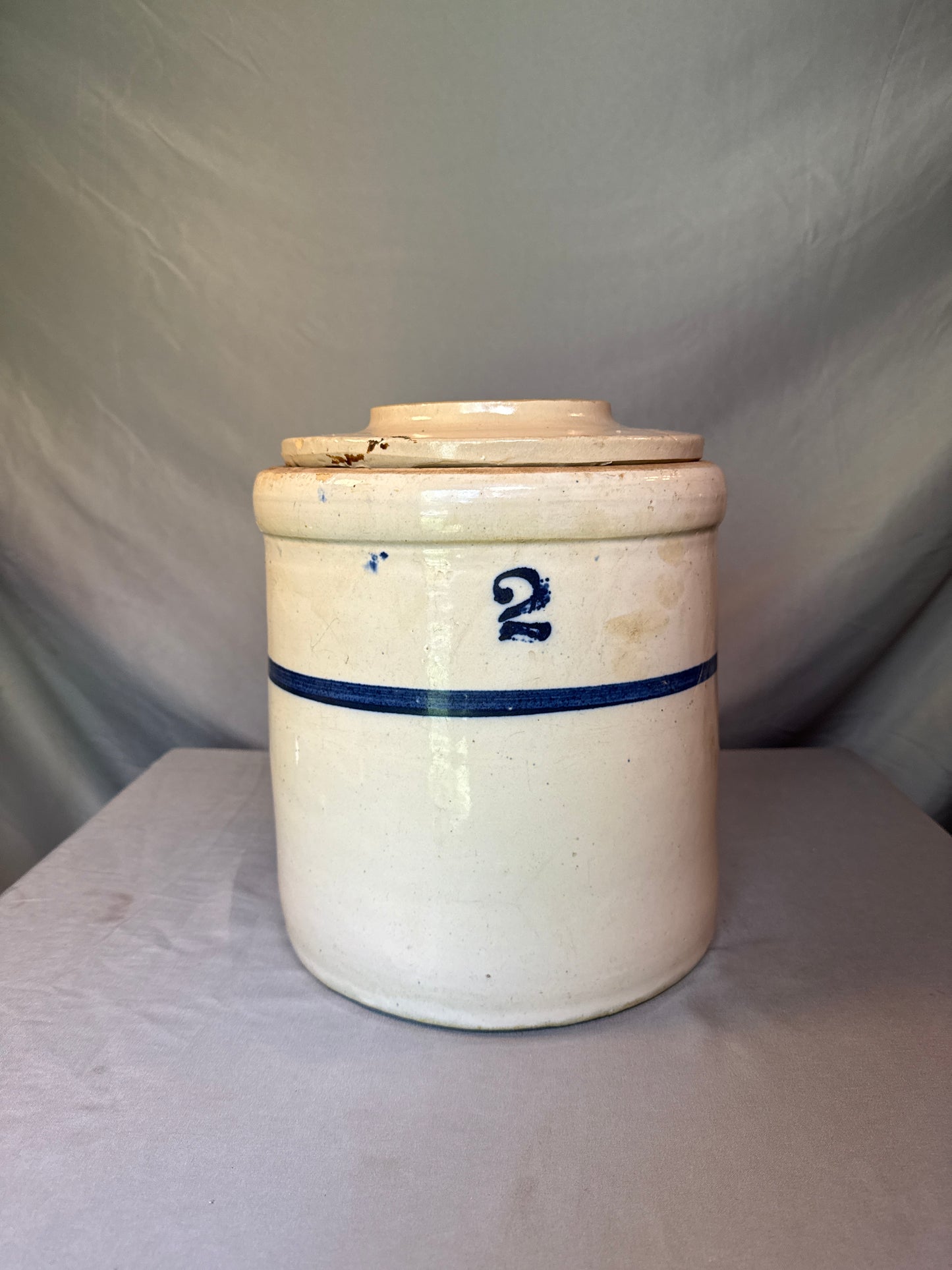 Antique 2 Gallon Stoneware Butter Churn Crock w/ Matching Lid Cobalt Band
