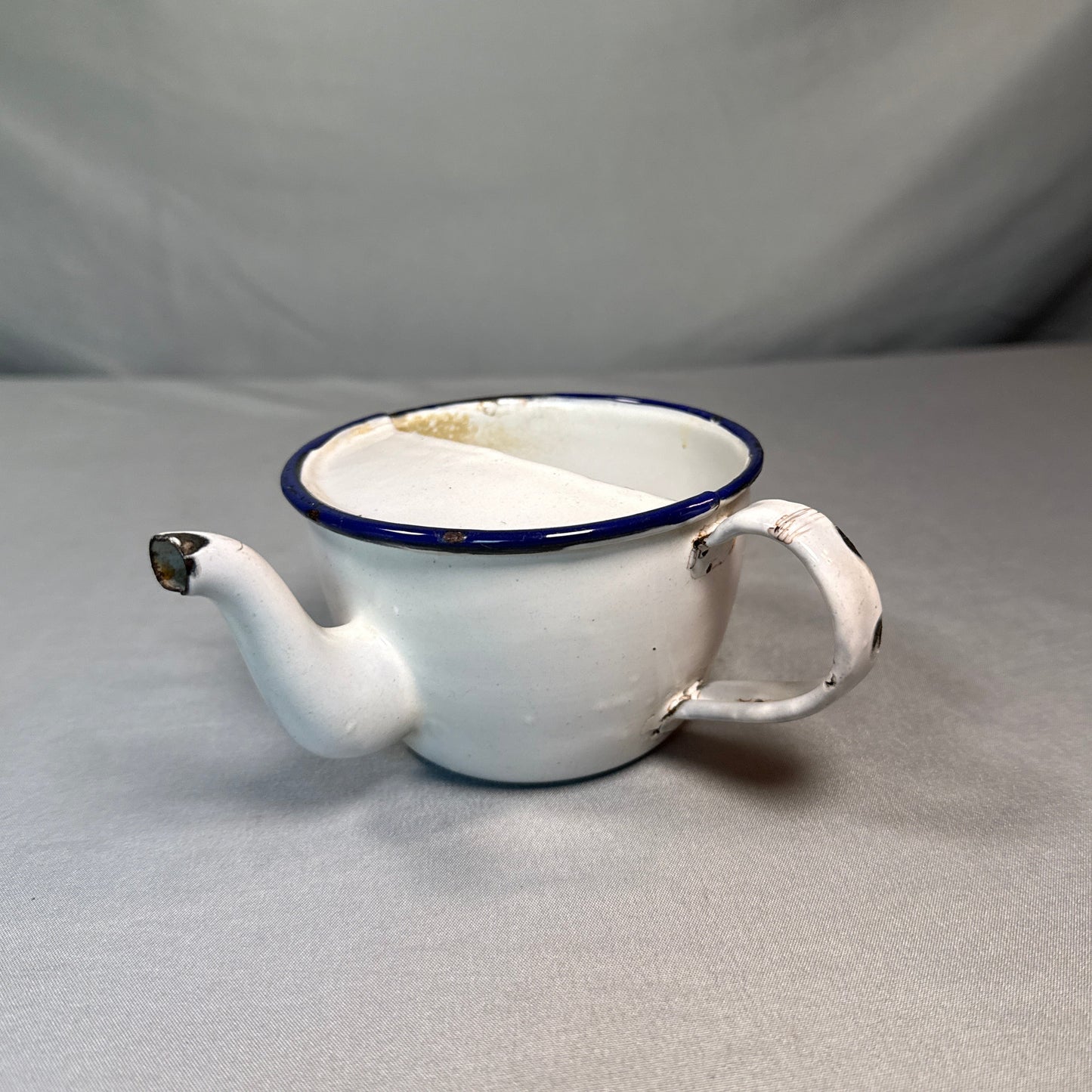 Antique Enamelware Invalid Feeding Cup White Cobalt Blue Rim Medical Feeder