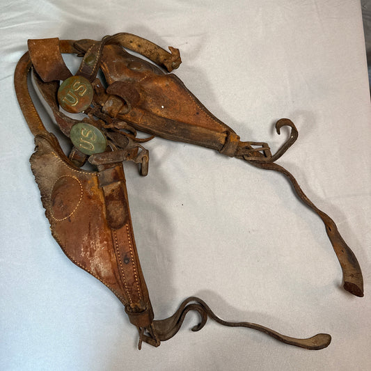 Antique US Cavalry Leather Saddle Bags with Brass US Rosettes