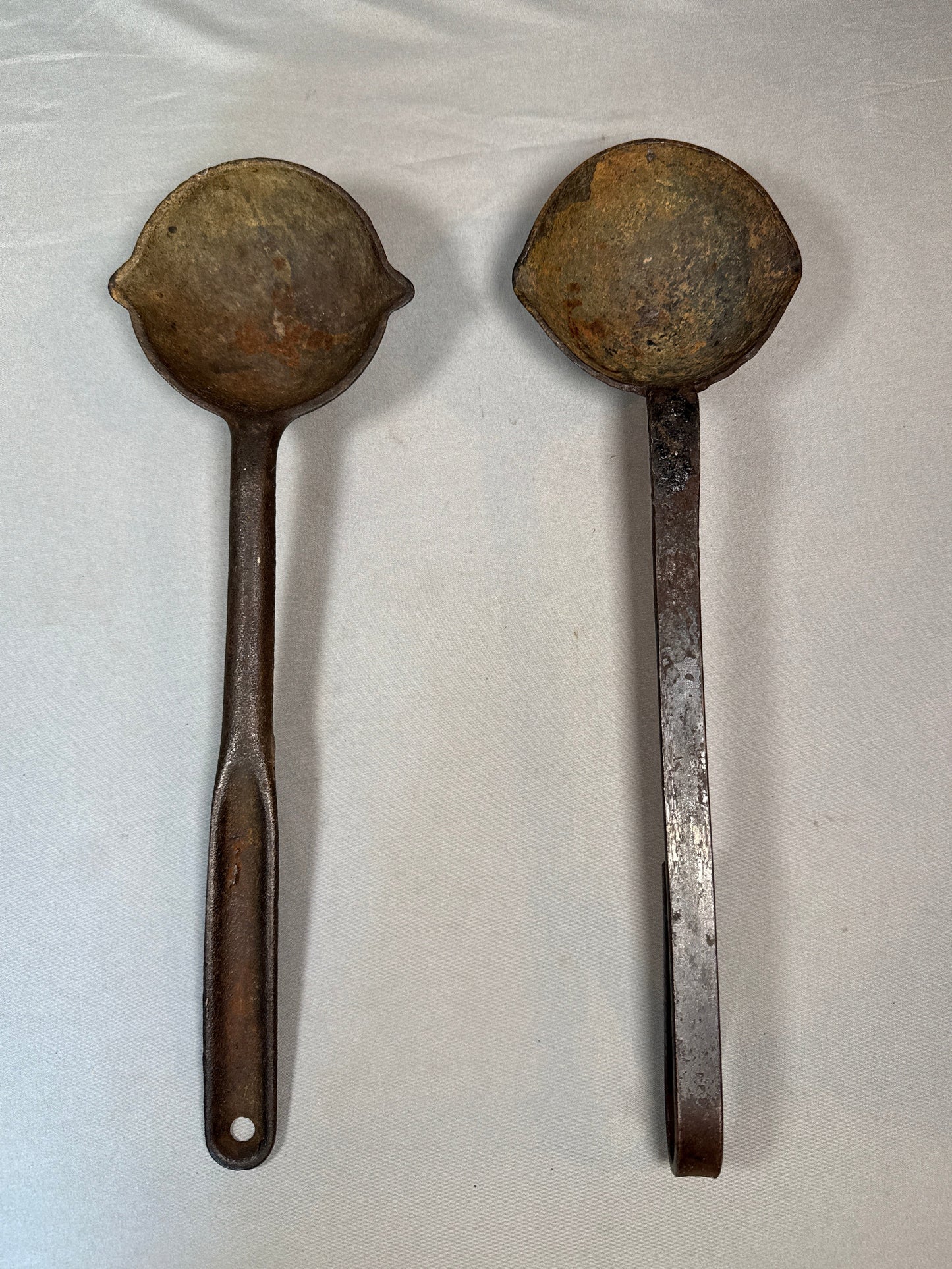 Antique Cast Metal Melting Ladles Pair Long Handle Lead Pouring Foundry Blacksmith Tools