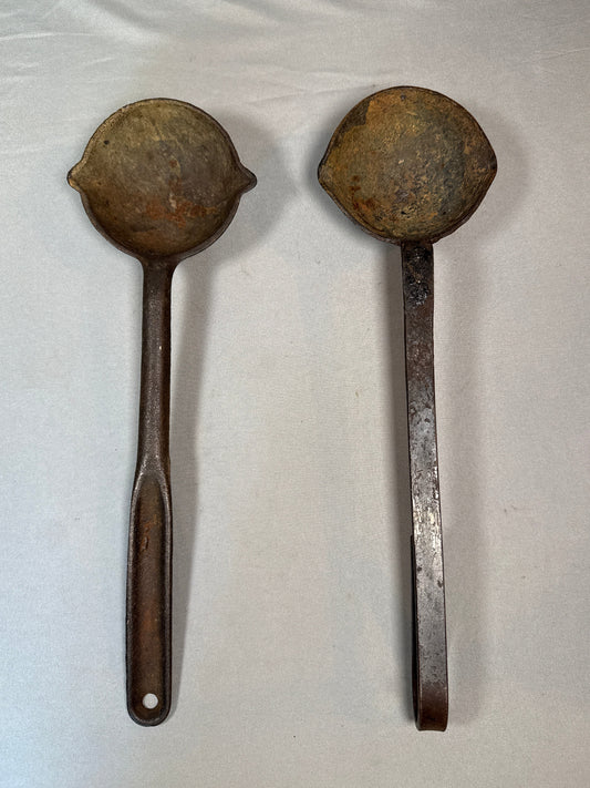 Antique Cast Metal Melting Ladles Pair Long Handle Lead Pouring Foundry Blacksmith Tools
