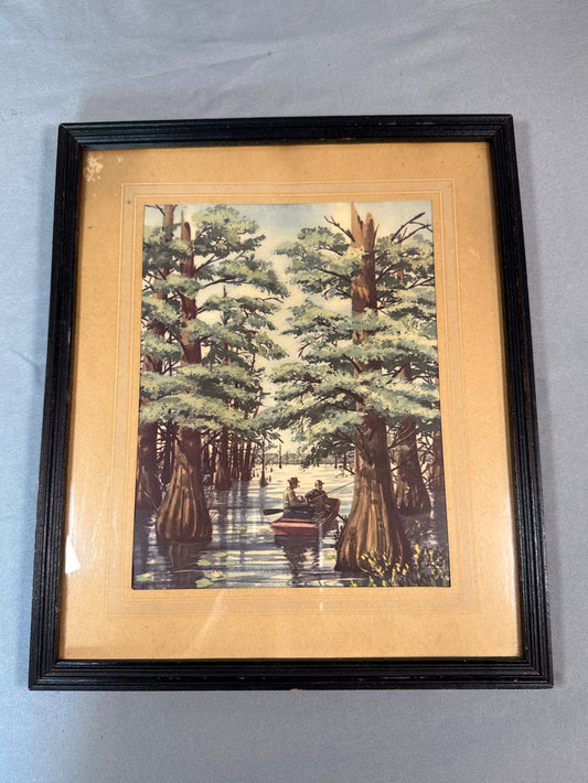 Vintage Cypress Swamp Landscape Print Framed Wall Art Mid Century Decorator Picture