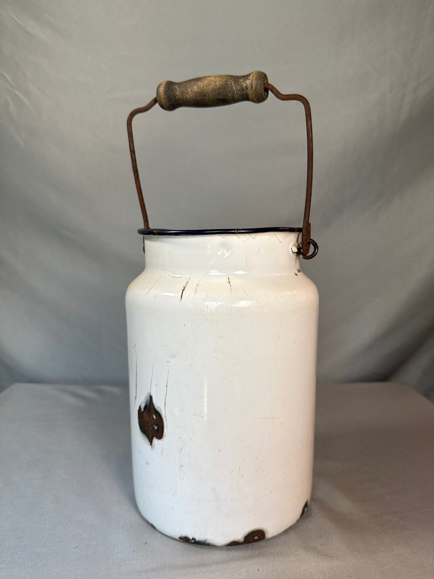 Antique White Enamelware Milk Can with Wooden Bail Handle