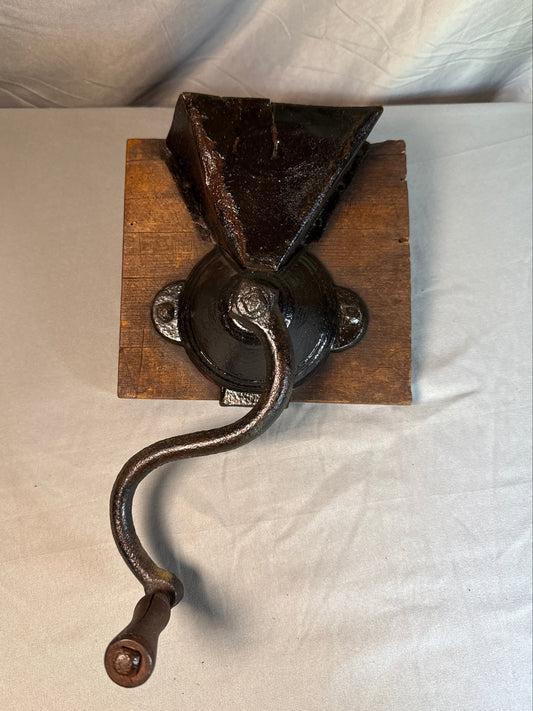 Antique Cast Iron Wall-Mount Coffee Grinder with Wooden Backplate