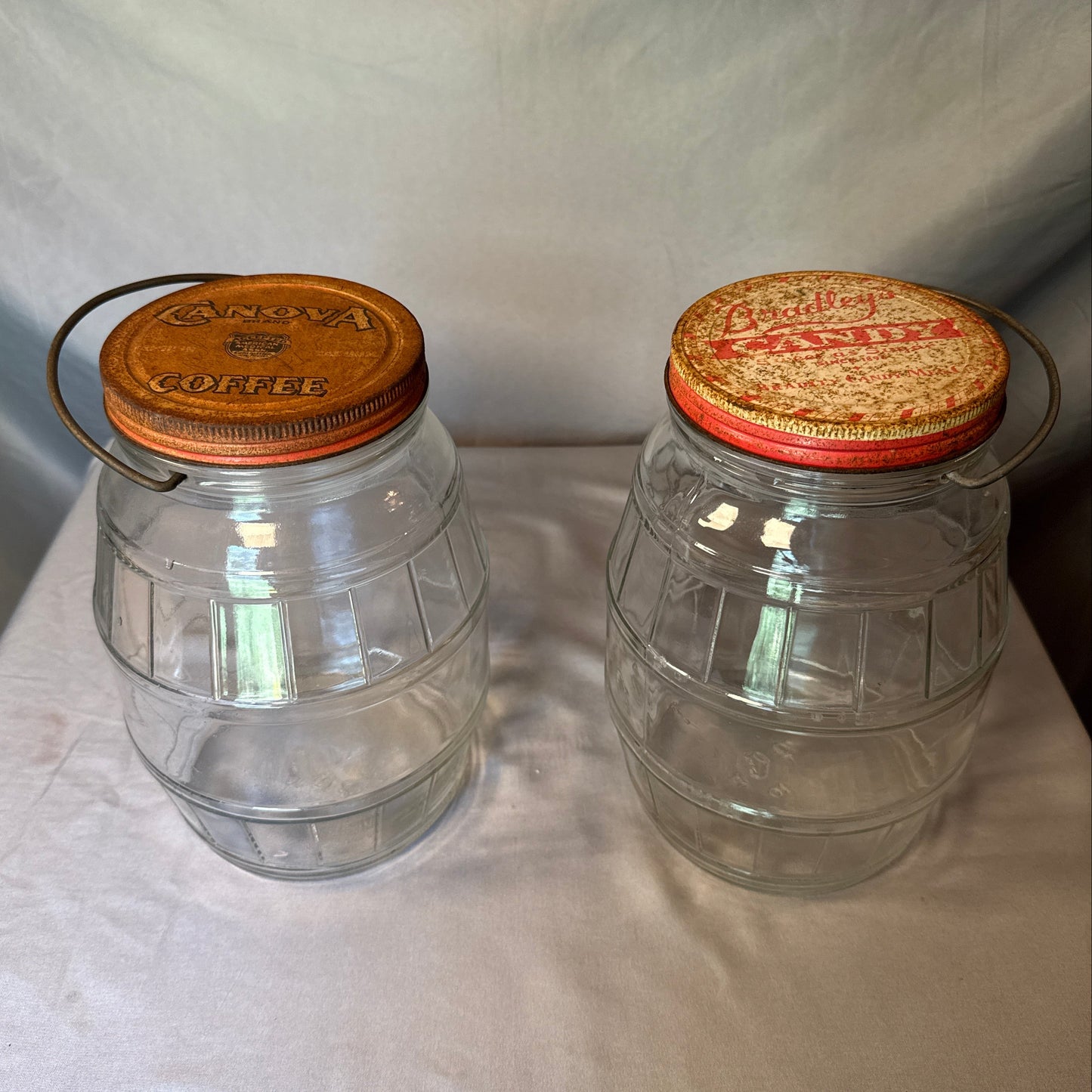 Pair Vintage Glass Barrel Storage Jars Canova Coffee Bradley's Candy TN