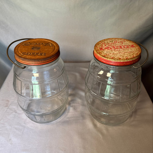 Pair Vintage Glass Barrel Storage Jars Canova Coffee Bradley's Candy TN