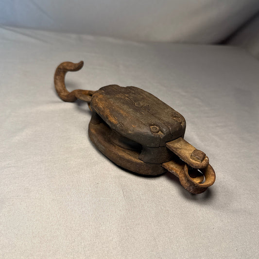 Antique 1800s Wood Block & Tackle Pulley Primitive Farm Barn Tool Iron Hook