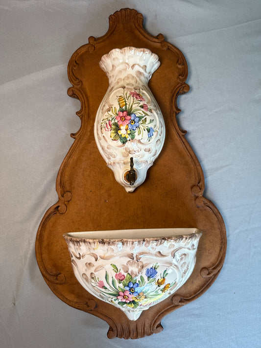 Vintage Hand-Painted Ceramic Wall-Mounted Holy Water Font with Floral Motif