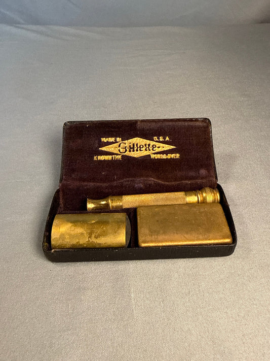 Antique Gillette Gold Tone Safety Razor Set with Original Case