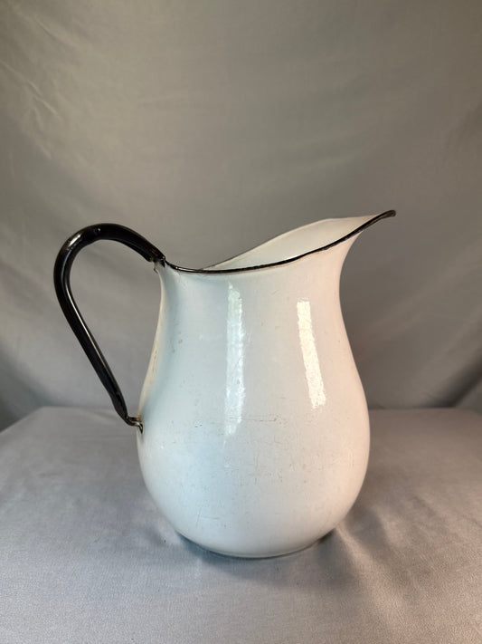 Antique White Enamelware Water Pitcher with Black Rim