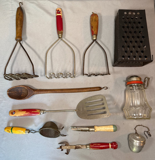 Vintage Kitchen Utensil Lot A&J EKCO Red Handle Masher Federal Nut Grinder MCM