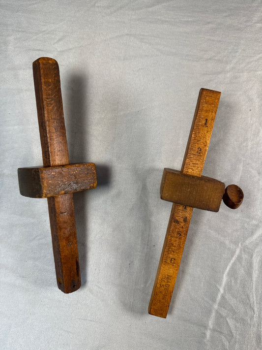 Antique Wooden Marking Gauge Lot of 2 Carpenter's Scribe Adjustable Measuring Tool