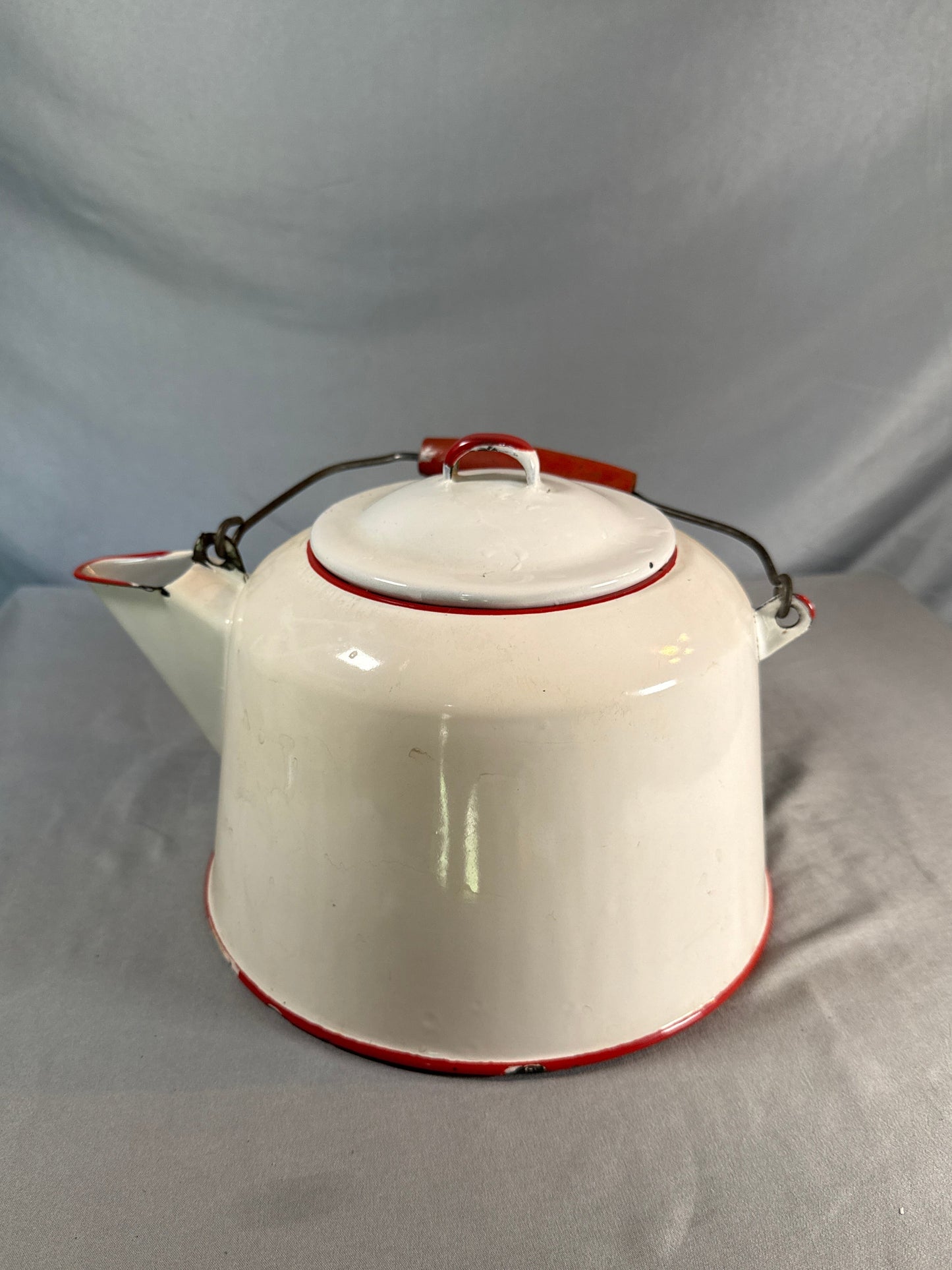 Vintage White Enamelware Coffee Pot with Red Trim & Wood Handle