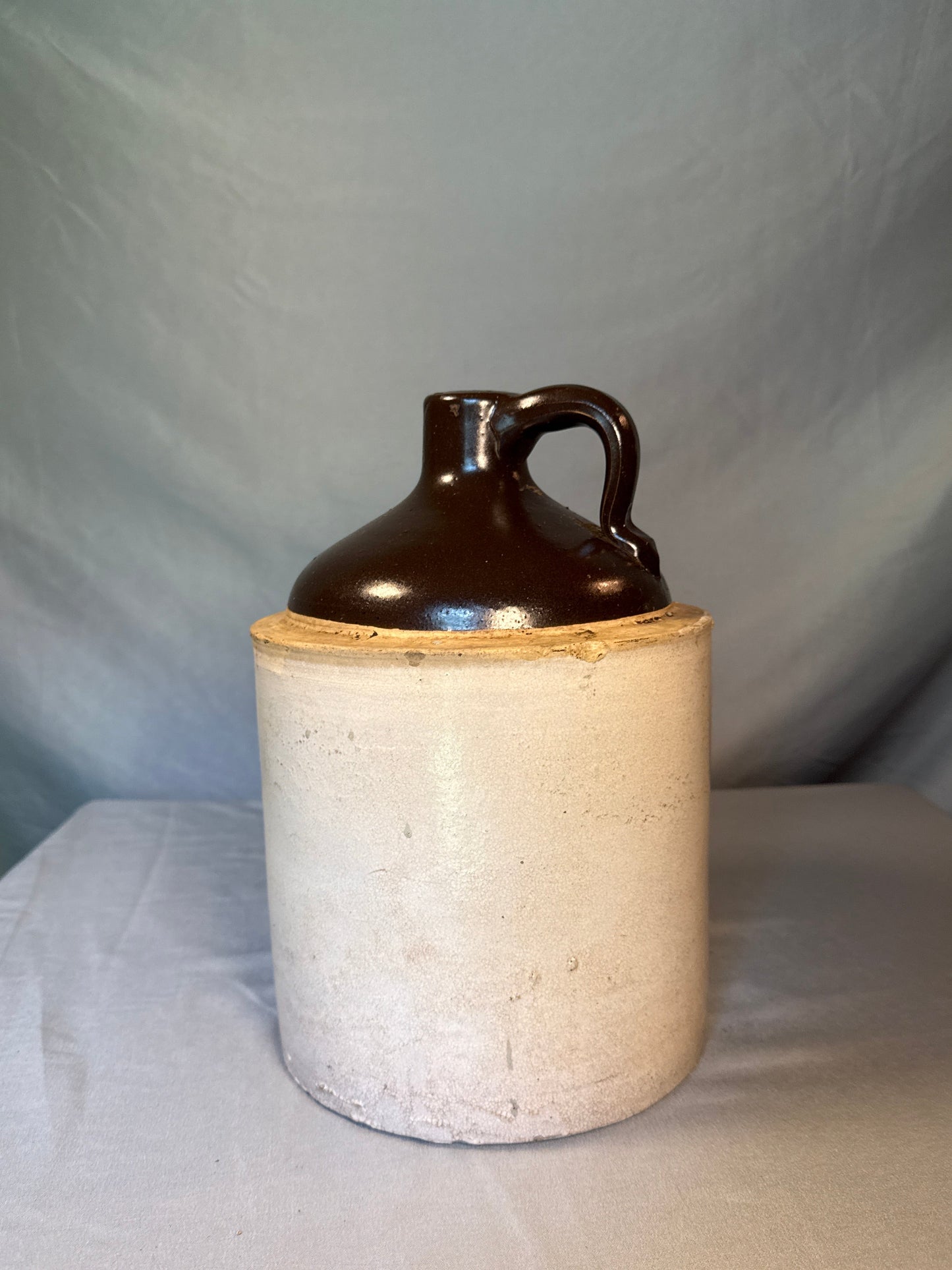 Antique Primitive Stoneware Jug Brown Albany Slip Glaze Farmhouse Crock