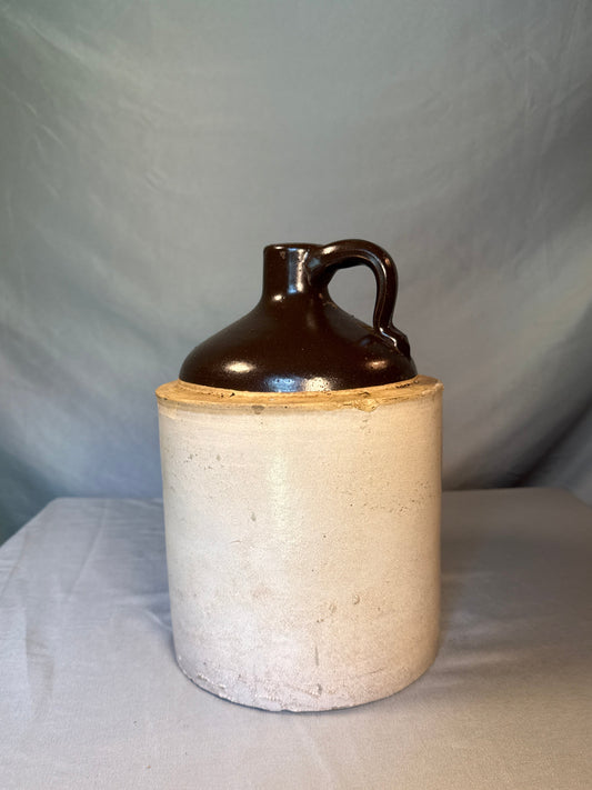 Antique Primitive Stoneware Jug Brown Albany Slip Glaze Farmhouse Crock