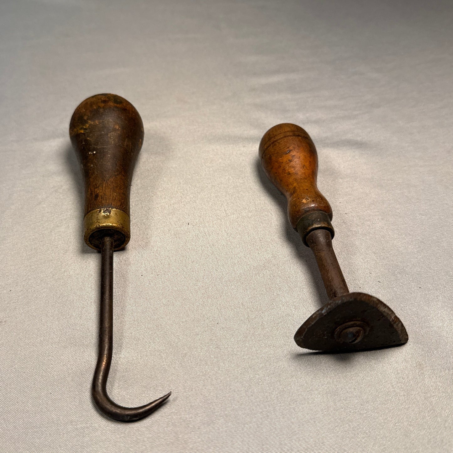Antique Primitive Hand Tool Lot (2) Forged Hook + Edge Tool Brass Ferrule Wood Handle