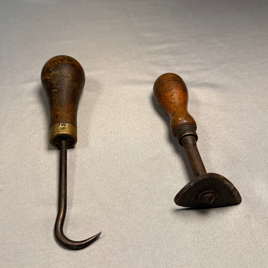 Antique Primitive Hand Tool Lot (2) Forged Hook + Edge Tool Brass Ferrule Wood Handle