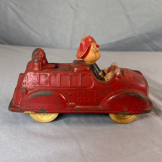 Vintage Walt Disney Productions Mickey Mouse Fire Department Toy Car w/ Wooden Wheels