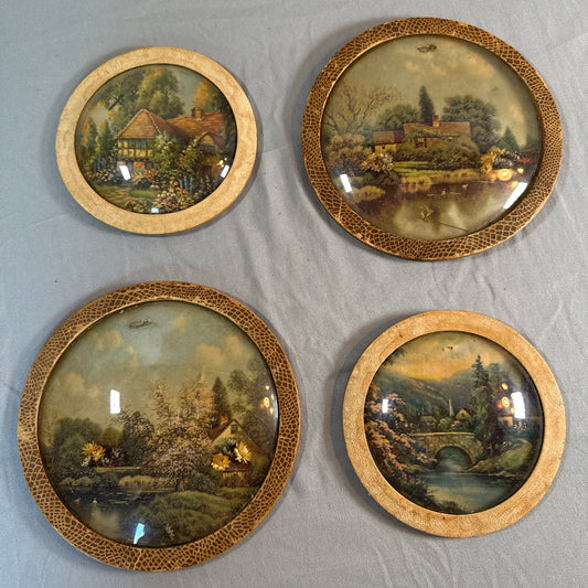Vintage Reverse Glass Cottage Scene Wall Plaques (Set of 4 Textured Frames)