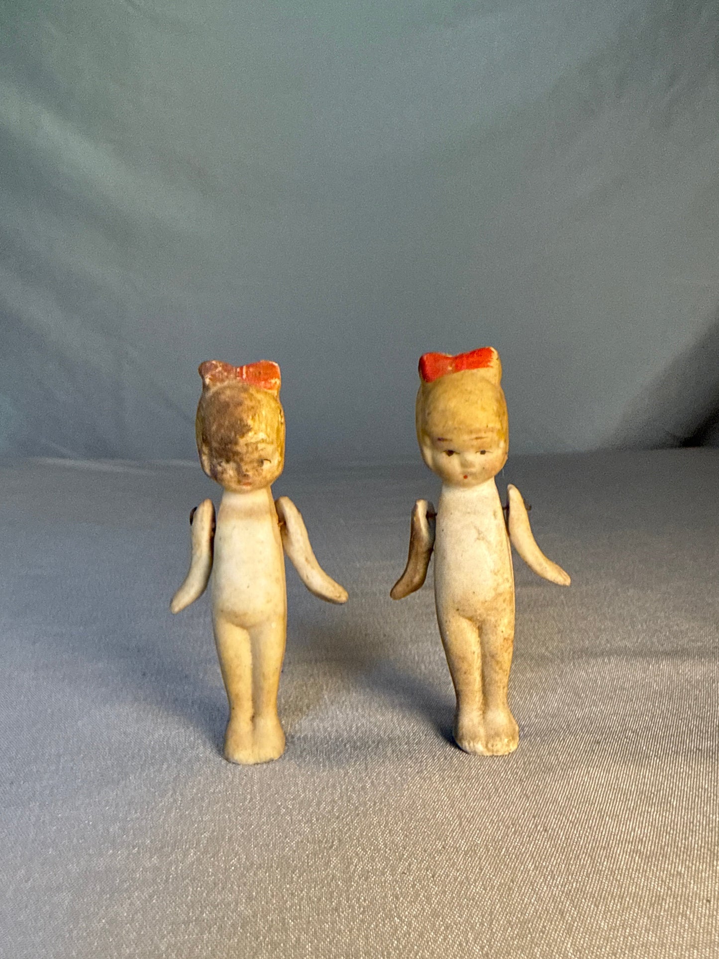 Antique Bisque Penny Dolls Pair – Kewpie Style Miniatures w/ Jointed Arms, Japan