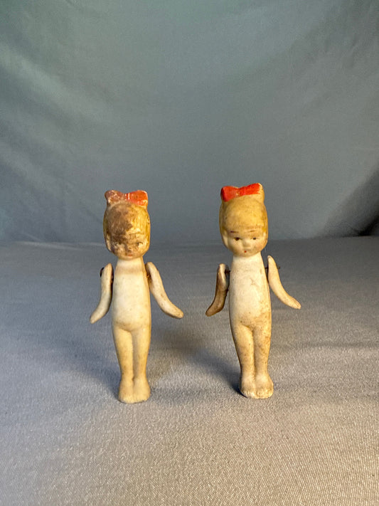 Antique Bisque Penny Dolls Pair – Kewpie Style Miniatures w/ Jointed Arms, Japan