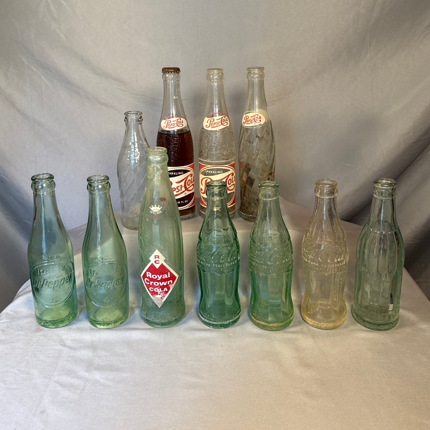 11 Vintage Soda Bottles Coca-Cola Pepsi Dr Pepper Royal Crown RC Cola Lot