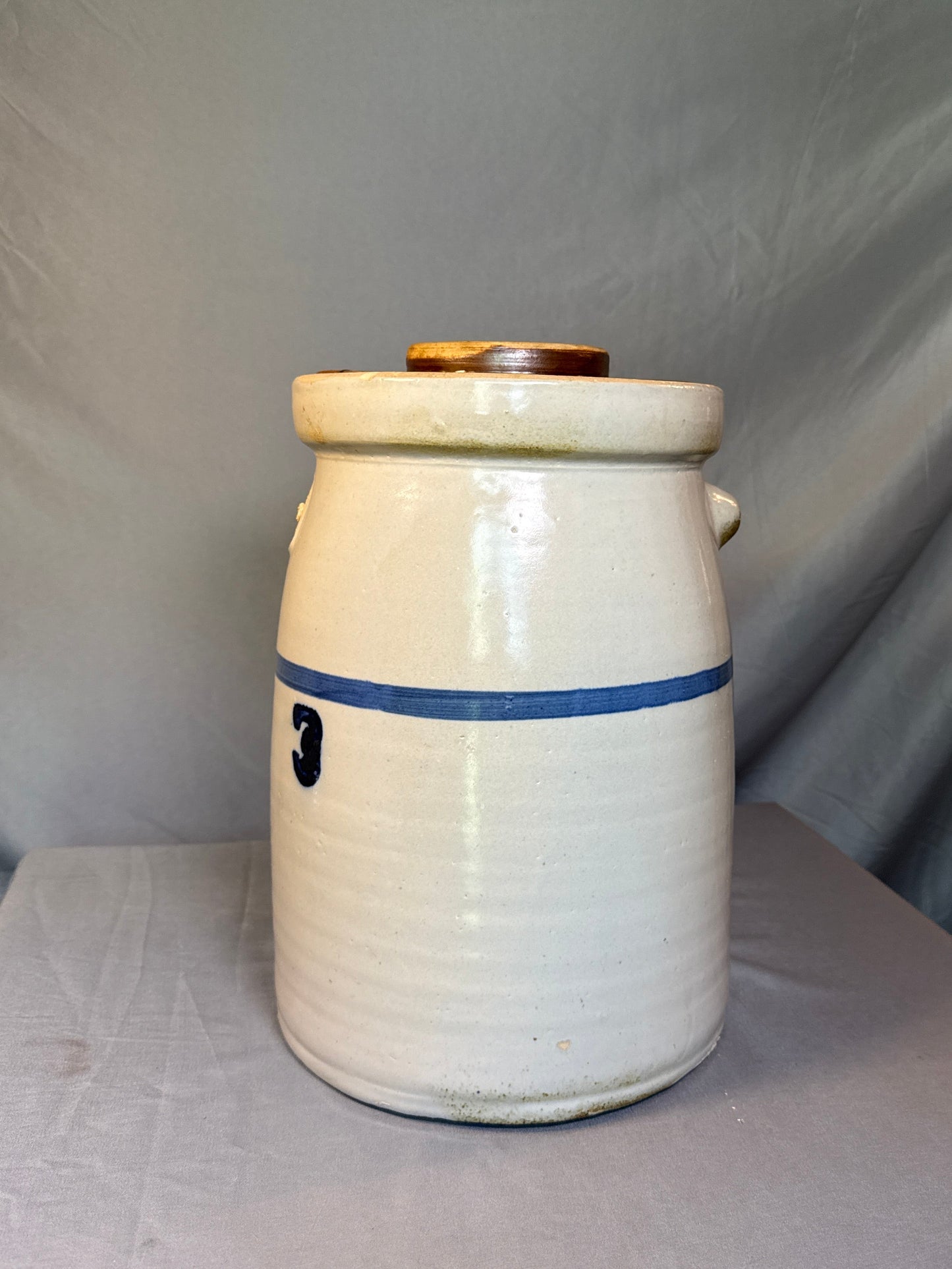 Antique 3 Gallon Stoneware Butter Churn Crock w/ Lid Cobalt Blue Band